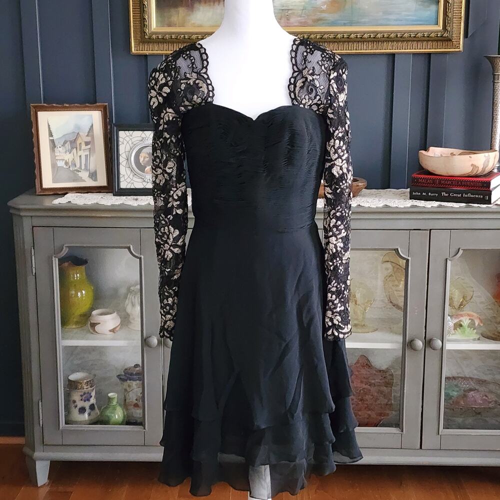 Lillie Rubin Silk Cocktail Dress Sz 8 Black Ruched Bodice Lace Sleeves Tiered